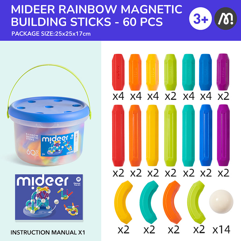 mideer Magnetiske byggestave i regnbuefarver - 60 dele