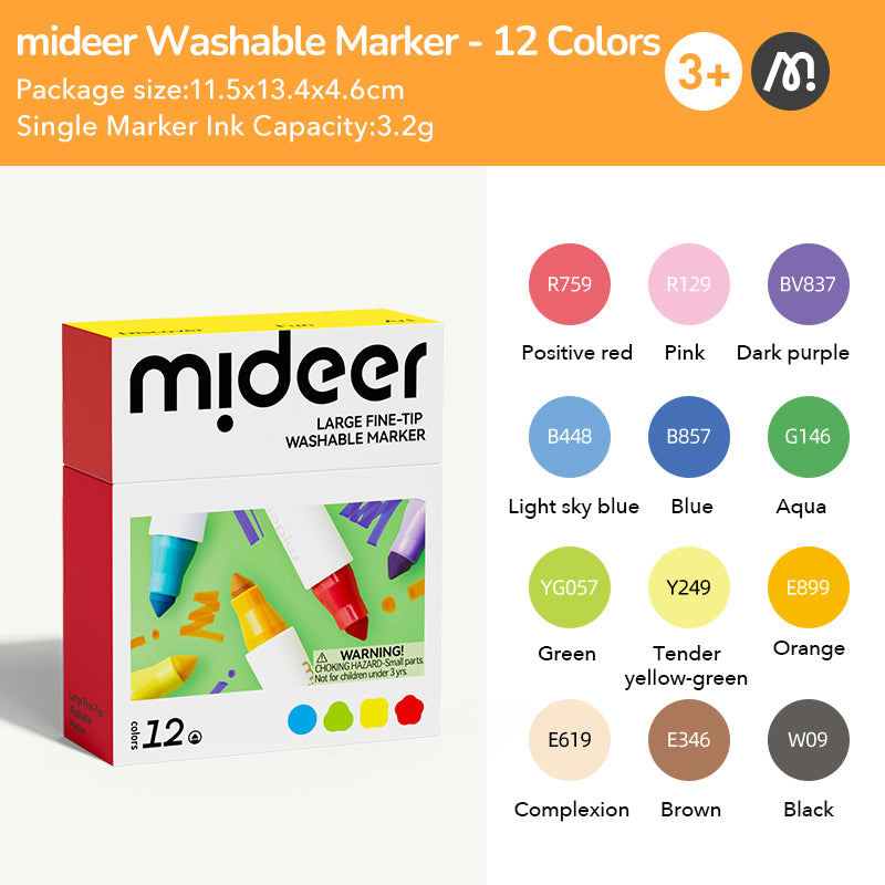 mideer Store vaskbare tuscher med fin spids – 12 farver