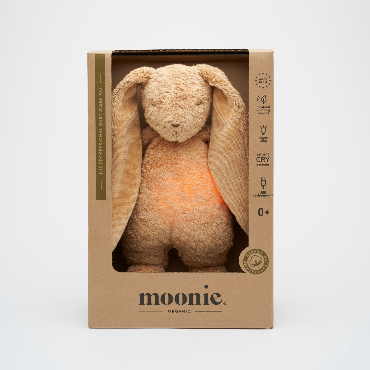 MOONIE 2.0 økologisk summende kanin med lampe – Cappuccino