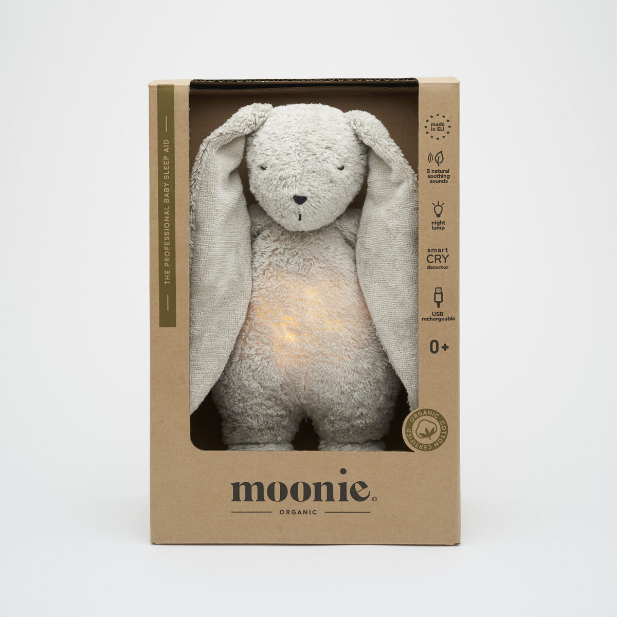 MOONIE 2.0 økologisk summende kanin med lampe – Grå