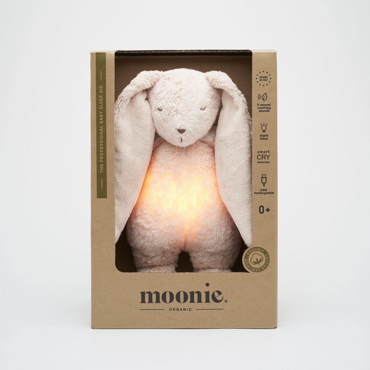 MOONIE 2.0 økologisk summende kanin med lampe – Rosa