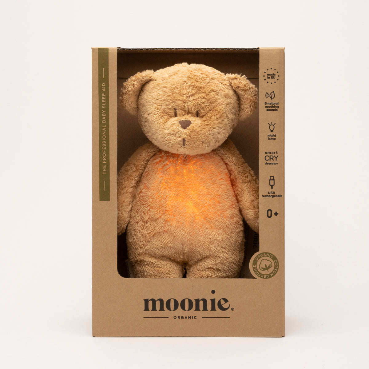 MOONIE 2.0 økologisk summende bamse med lampe – Cappuccino