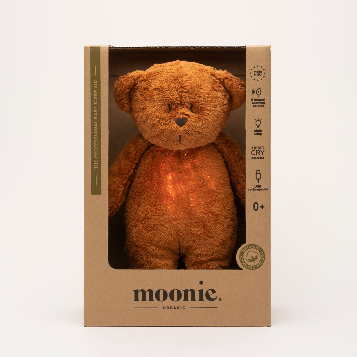 MOONIE 2.0 økologisk summende bamse med lampe – Karamel