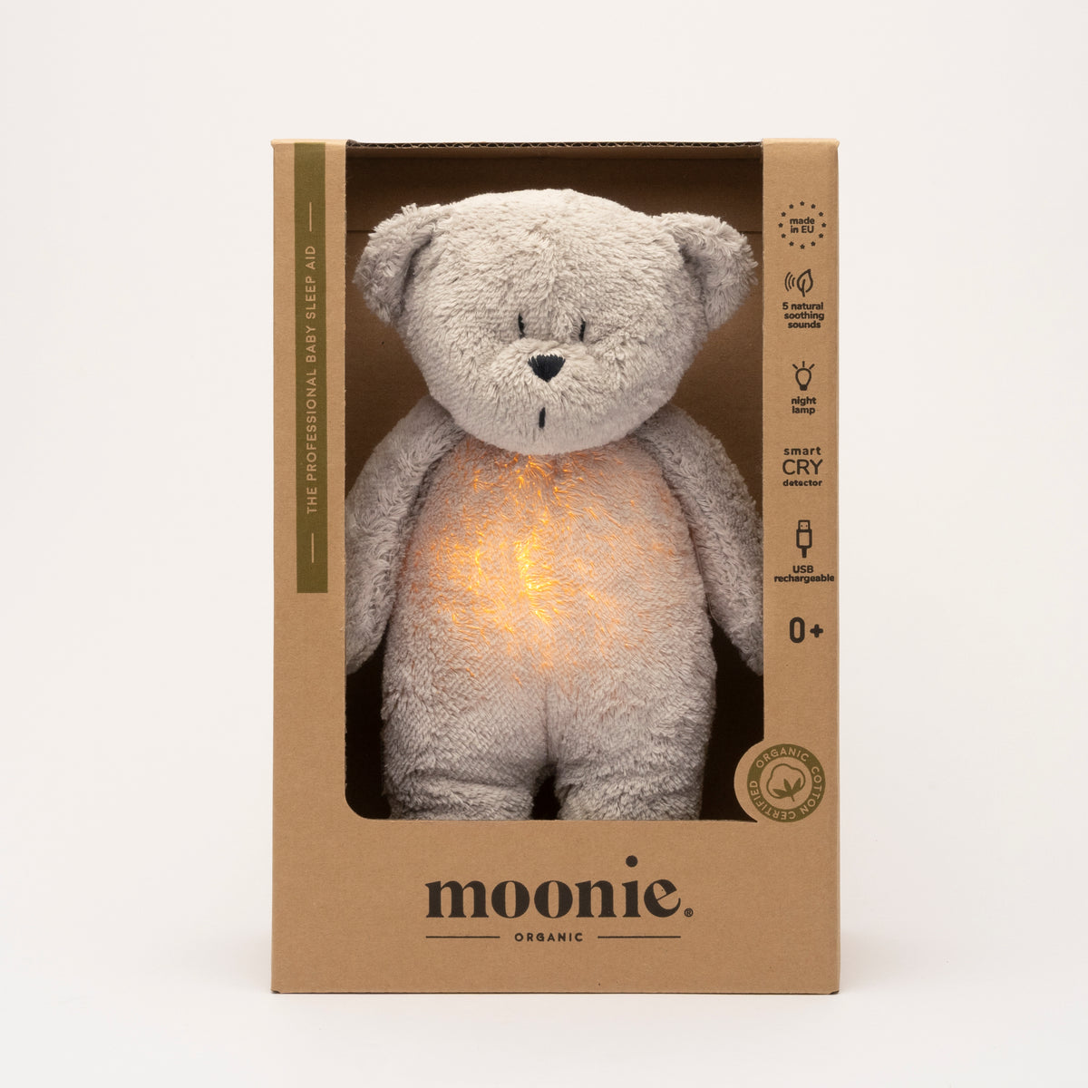MOONIE 2.0 økologisk summende bamse med lampe – Grå