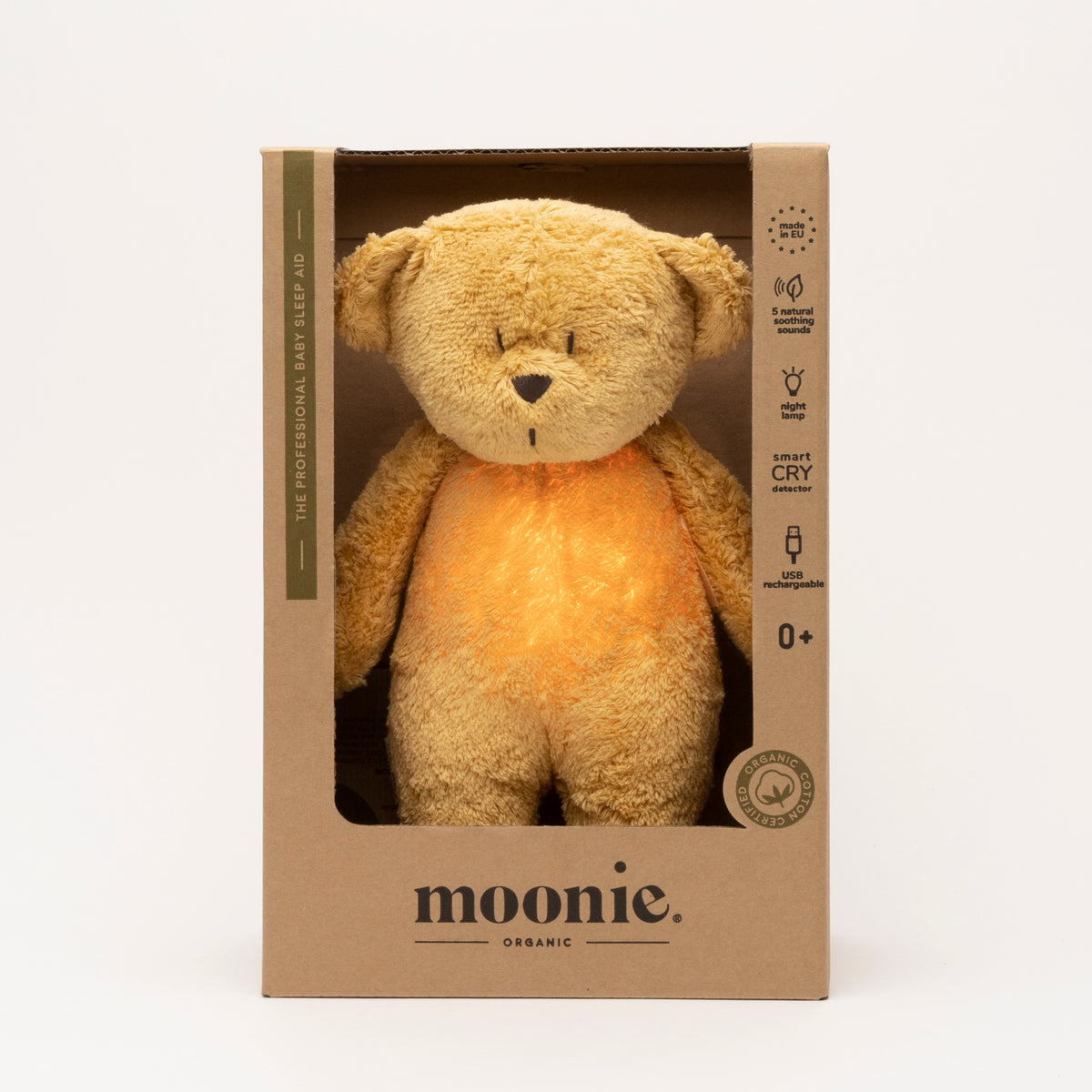 MOONIE 2.0 økologisk summende bamse med lampe – Honning