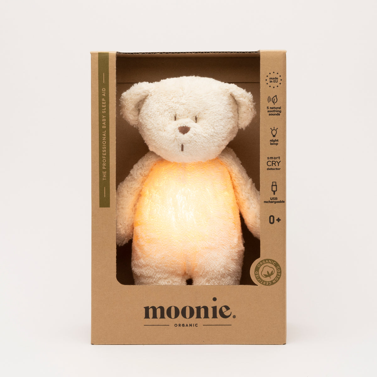 MOONIE 2.0 økologisk summende bamse med lampe – Polar