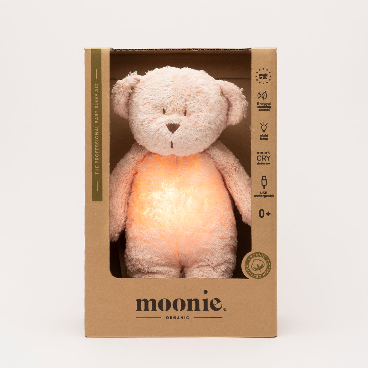 MOONIE 2.0 økologisk summende bamse med lampe – Rosa