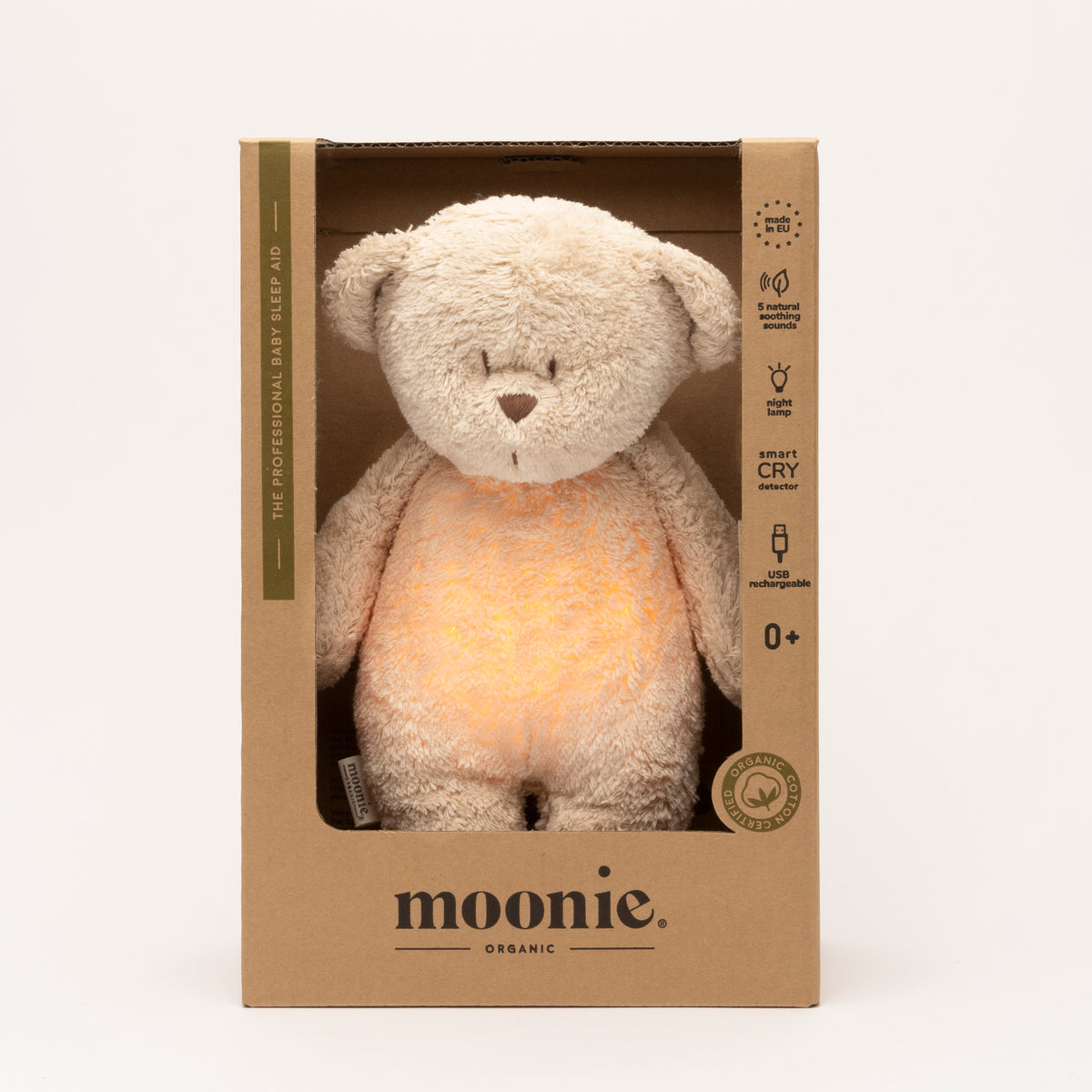 MOONIE 2.0 økologisk summende bamse med lampe – Sand